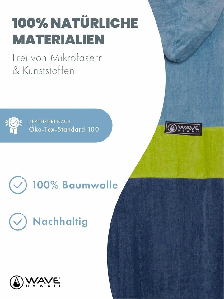 WAVE HAWAII Bade-Poncho Damen & Herren | Grösse L, 170-200cm I 100% Baumwolle Surf-Poncho Erwachsene