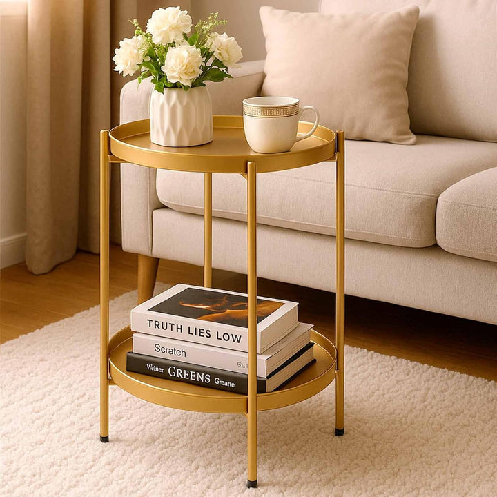 HollyHOME Runder Beistelltisch, 2 Ebenen Goldener Beistelltisch Metalltablett, Snacktisch, Couchtisc