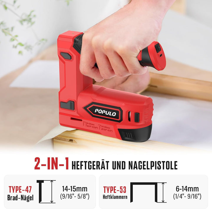 POPULO Akku Tacker, 2-in-1 Lithium-Ionen-Heftgerät, 4V Nagelgerät Set Mit Ladekabel, 1600 Heftklamme
