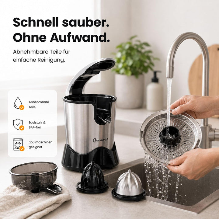 Sommertal Saftpresse CP850 mit starkem 850W Motor, elektrische Orangenpresse inkl. 2 Presskegel, man