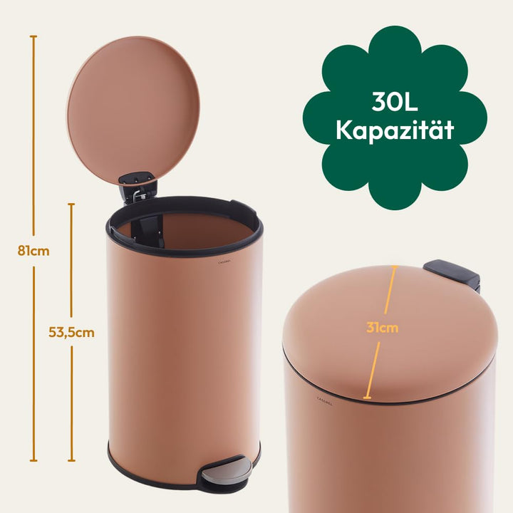 CASABEL Mülleimer Küche 30L - 100% Edelstahl, Resistent gegen Fingerabdrücke, Runder Treteimer mit F