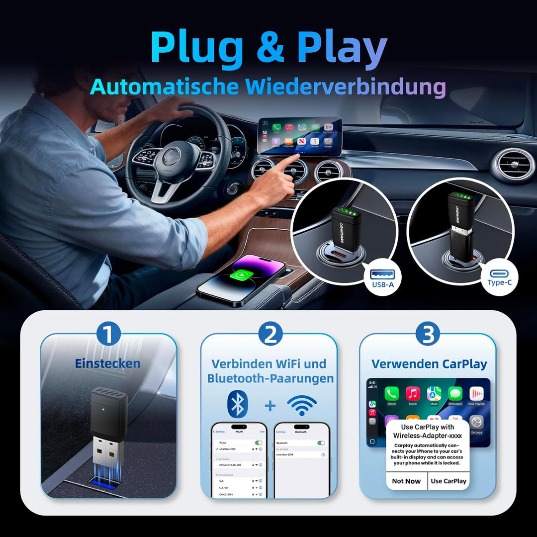 LINGHUANG CarPlay Wireless Adapter & Android Auto, Mini Wireless CarPlay Adapter Upgrade von Wired a