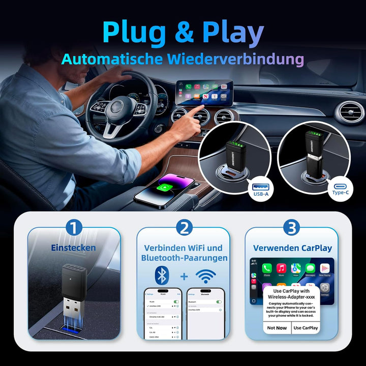LINGHUANG CarPlay Wireless Adapter & Android Auto, Mini Wireless CarPlay Adapter Upgrade von Wired a