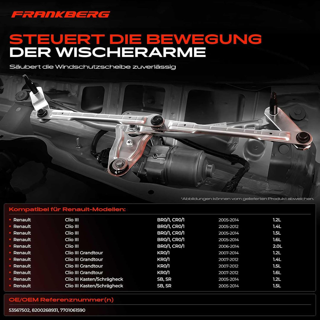 Frankberg 1x Scheibenwischer Wischergestänge ohne Motor Vorne Kompatibel mit Clio III BR0/1 CR0/1 Sc