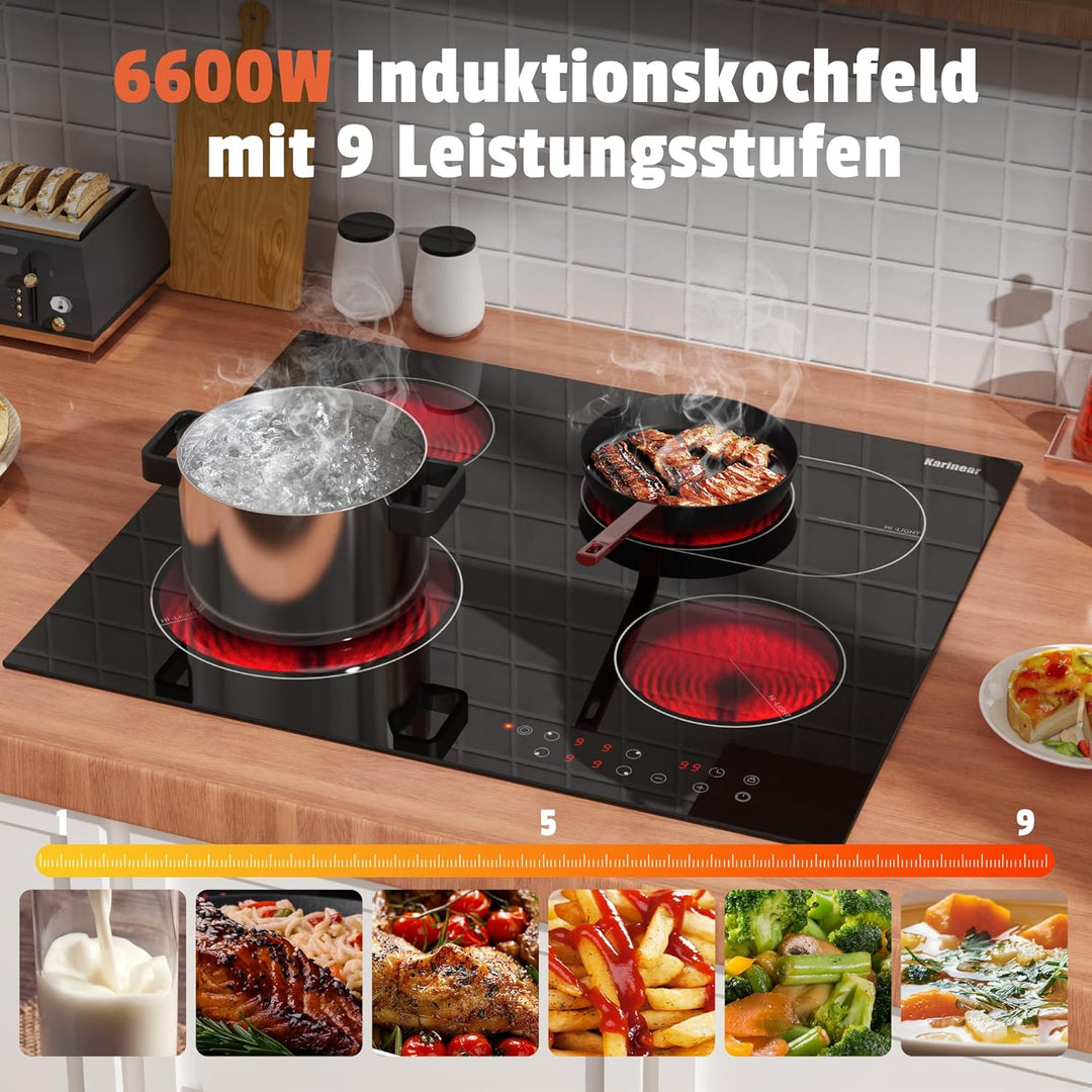 Karinear Glaskeramikkochfeld 4 Platten, Kochfeld Keramik Autark mit Doppelter Ausziehbarer Zone, Tou