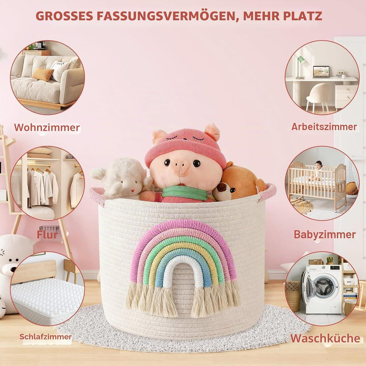 Spielzeug-Aufbewahrungskörbe, gewebtes Baumwollseil, Aufbewahrungskorb mit 3D-Regenbogen-Dekor für K