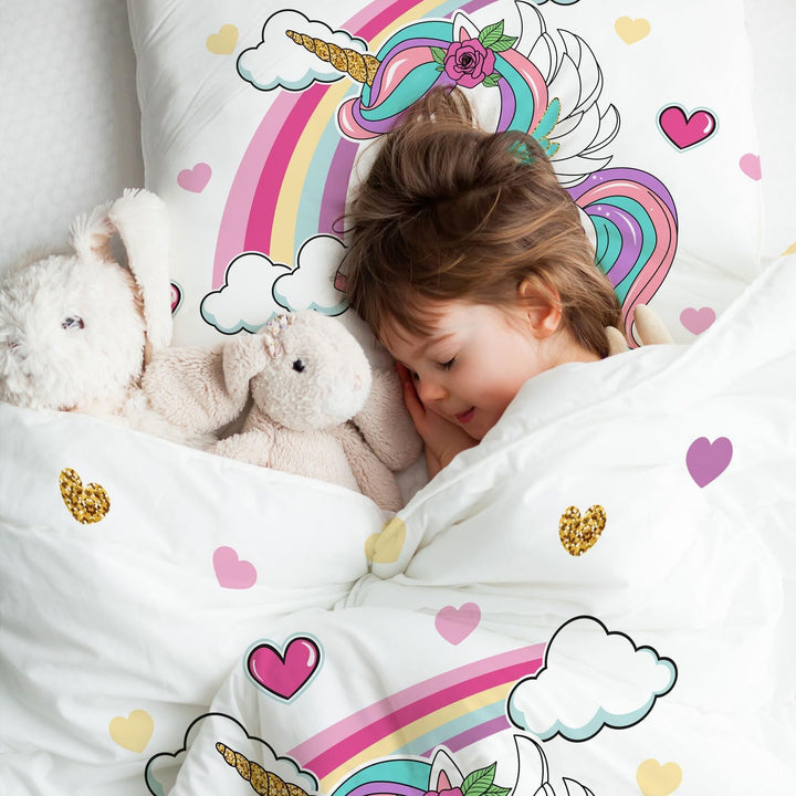 DJDEA Cartoon Bettwäsche 135 x 200 cm Kinder Weich Mikrofaser, Regenbogen Einhorn Motiv Bettwäsche-S