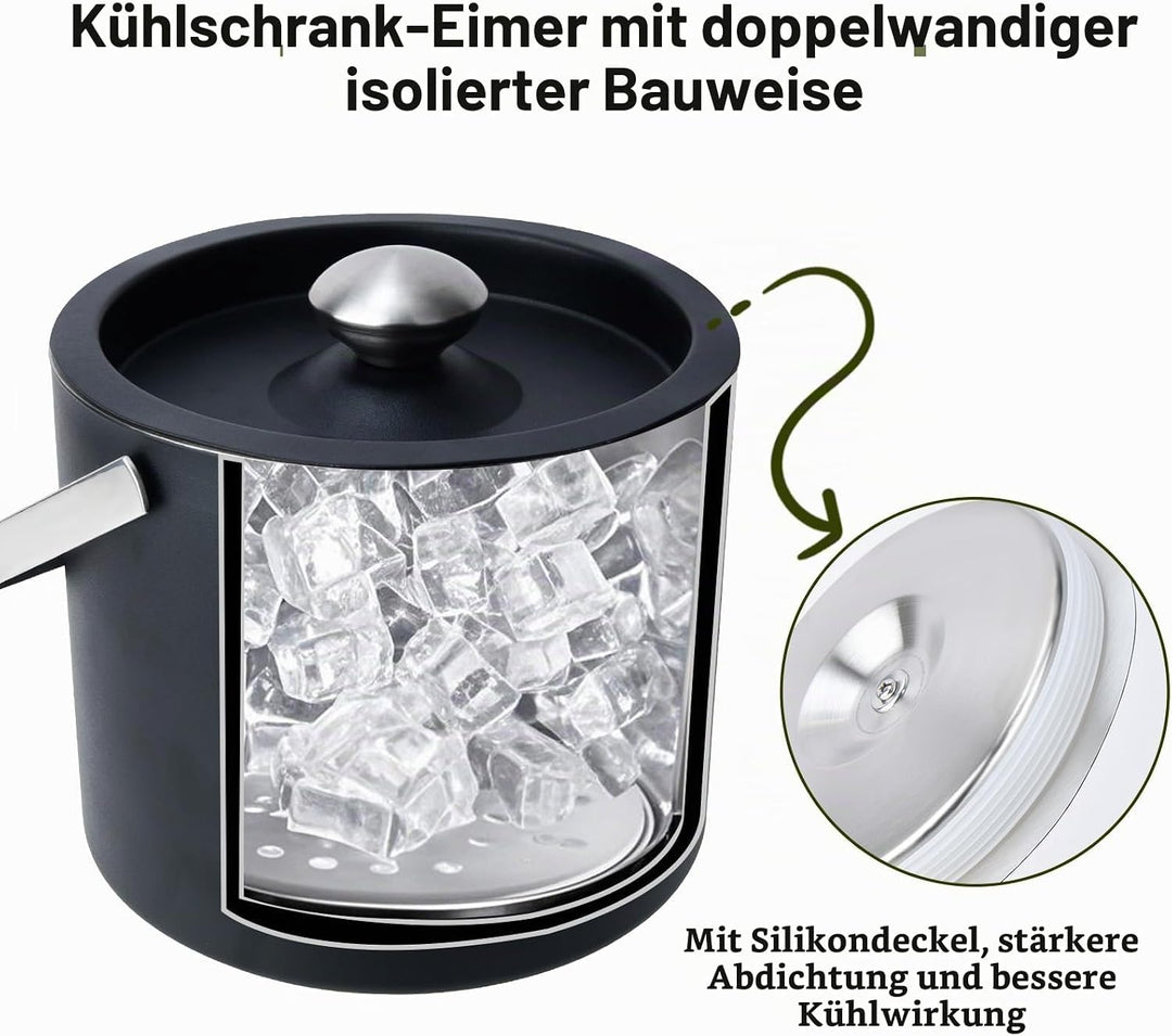 3L Moderner isolierter Eiskübel mit Silikondeckel,Edelstahl Eiswürfelbehälter,doppelwandiger Eiskübe
