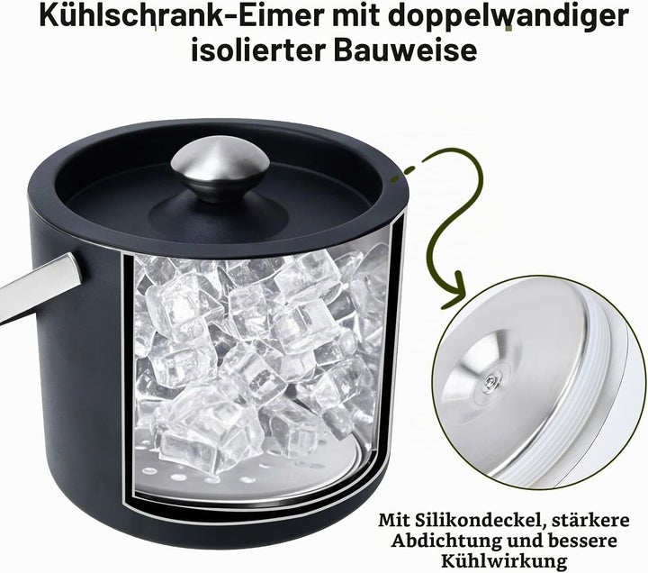 3L Moderner isolierter Eiskübel mit Silikondeckel,Edelstahl Eiswürfelbehälter,doppelwandiger Eiskübe