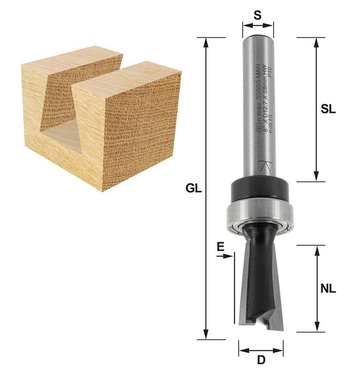 ENT 11704 Zinkenfräser HW für metrische Zinkenschablone mit Kugellager 16 mm, Durchmesser (D) 12,7 m