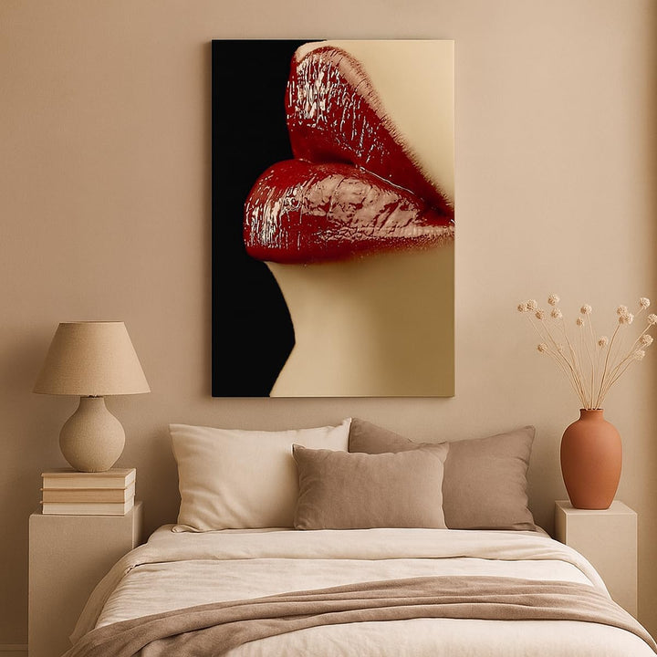 Bilder auf Leinwand 55x100cm Leinwandbild mit Rahmen Frau rote Lippen Lippenstift Gesicht Gross Wand