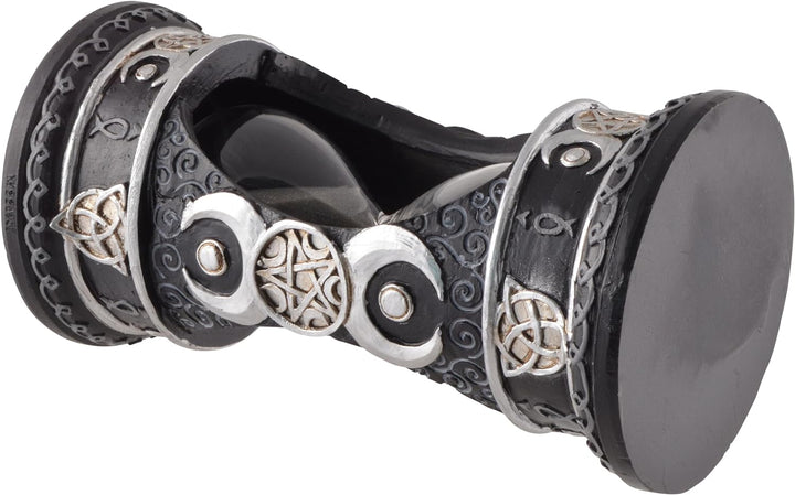 Wicca Sanduhr Silber-schwarz mit schwarzem Sand, aus Kunststein angefertigt und von Hand bemalt