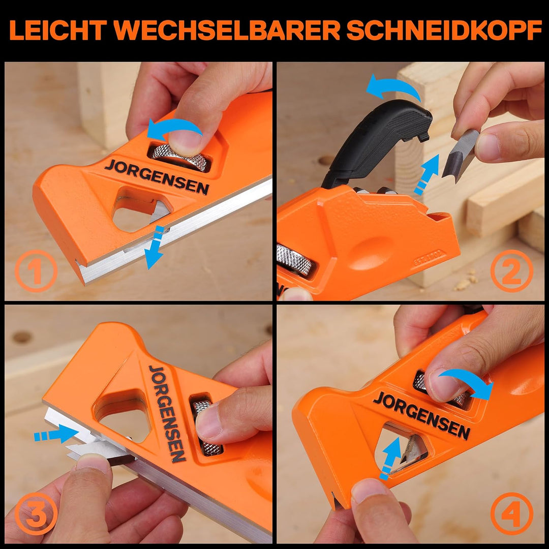 JORGENSEN Kantenhobel Holz mit 4 Schneidköpfen 45°/3/5/6mm, Fasenhobel Eckhobel für Holzbearbeitung,