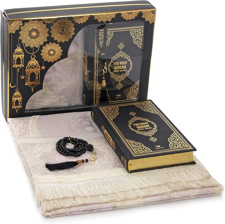 ihvan online Prayer Gift Box for Hajj and Umrah, Quran with English Translation, Prayer Rug, Beads,