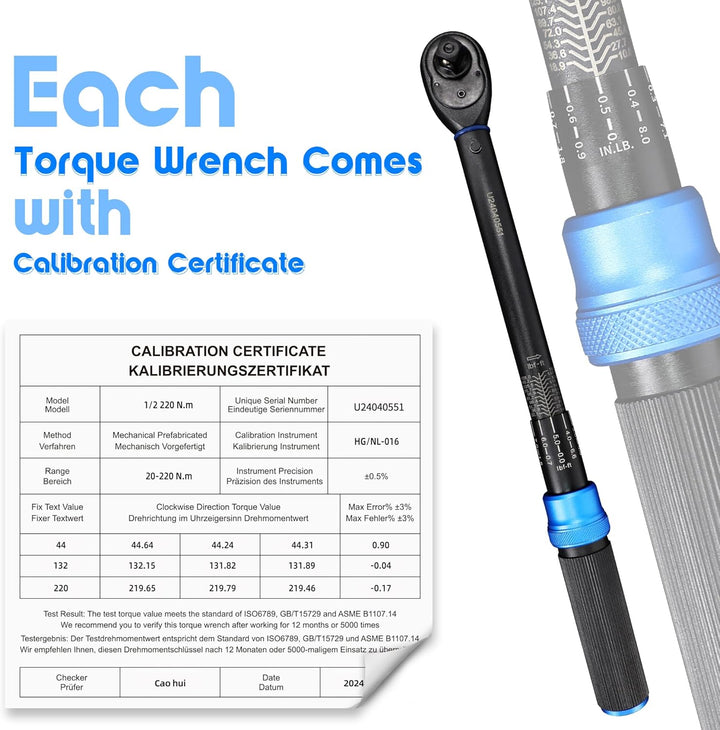 UYECOVE Drehmomentschlüssel 1/2 Zoll, 20-220 NM Drehmomentschlüssel Auto, ±3% Fehlergenauigkeit, 72