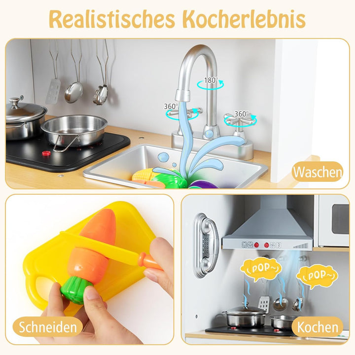 COSTWAY Kinderküche Holz, Spielküche mit Licht und Sound, Holzküche mit Tafel, Mikrowell, Spüle, Ofe