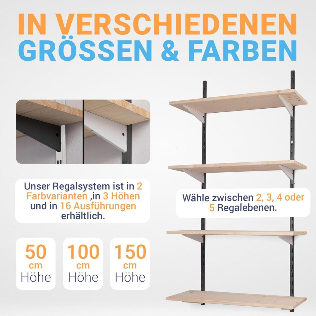 Wandregal Bausatz mit Boden · Höhe: 150 cm · 2 Ebenen in 80 x 40 cm (B x T) · Farbe: schwarz/weiss ·