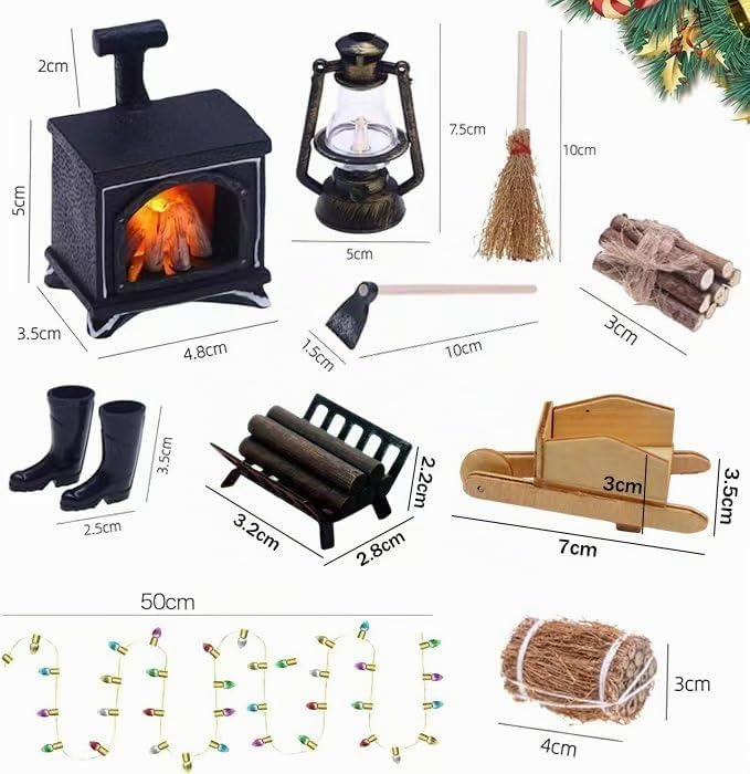 Puppenhaus Miniatur Zubehör Set, 13 Stück Wichtel Zubehör Weihnachten Möbel mit Grusskarten, Miniatu