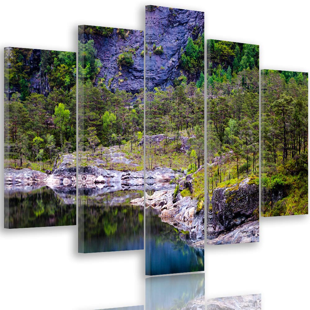 Feeby Bild auf Leinwand Landschaft 5 Teilig Modern Wasser Bäume Natur grün 150x100 cm Leinwandbild 1