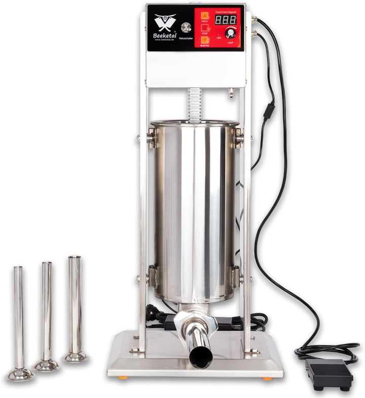 Beeketal BT6-E Elektrischer Wurstfüller 6 L, Edelstahl, mit Fusspedal, 4 Fülltüllen, 230 V