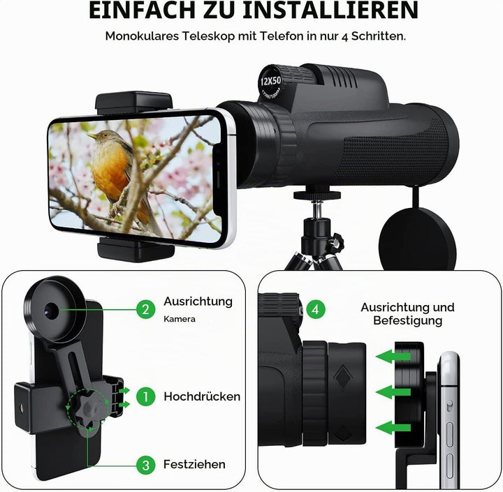 Monokular T8-12x Zoom Monokular mit Nachtsicht | Fernrohr Erwachsene mit BAK4 HD FMC with Adapter an