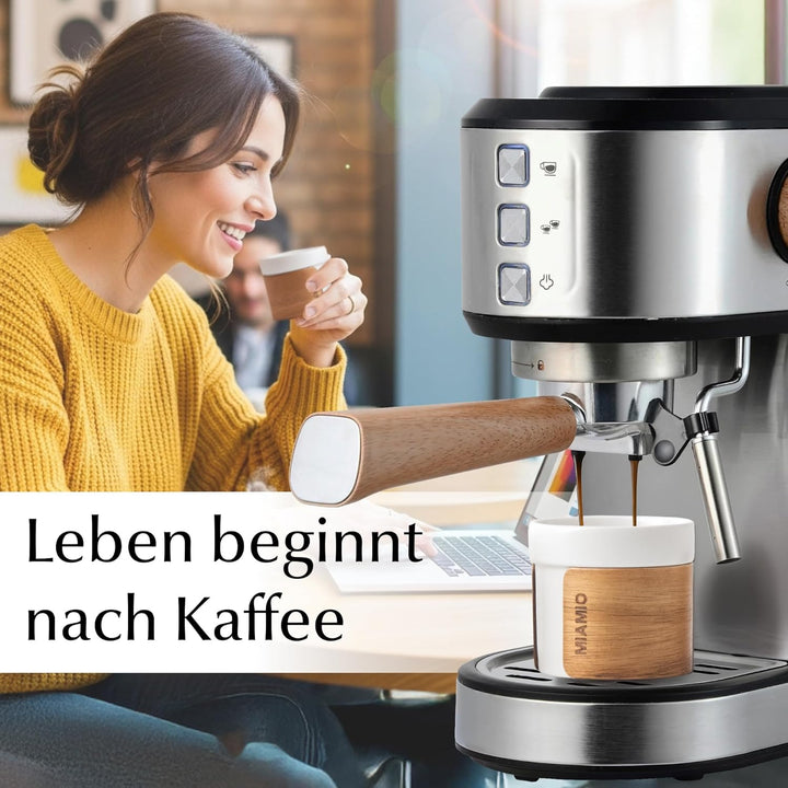 MIAMIO – Espressotassen 4er Set (100 ml) mit abnehmbarer Holzmanschette/Keramik Tassen ohne Henkel,