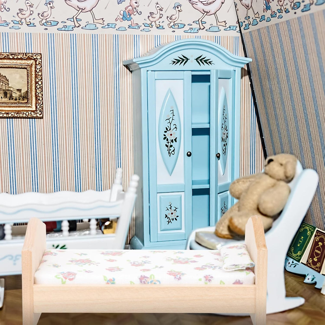 Abaodam Mini Hausmöbel Puppenbett Holz 1:12 Miniaturbett Mit Baumwollbettwäsche Und Kissen Spielzeug