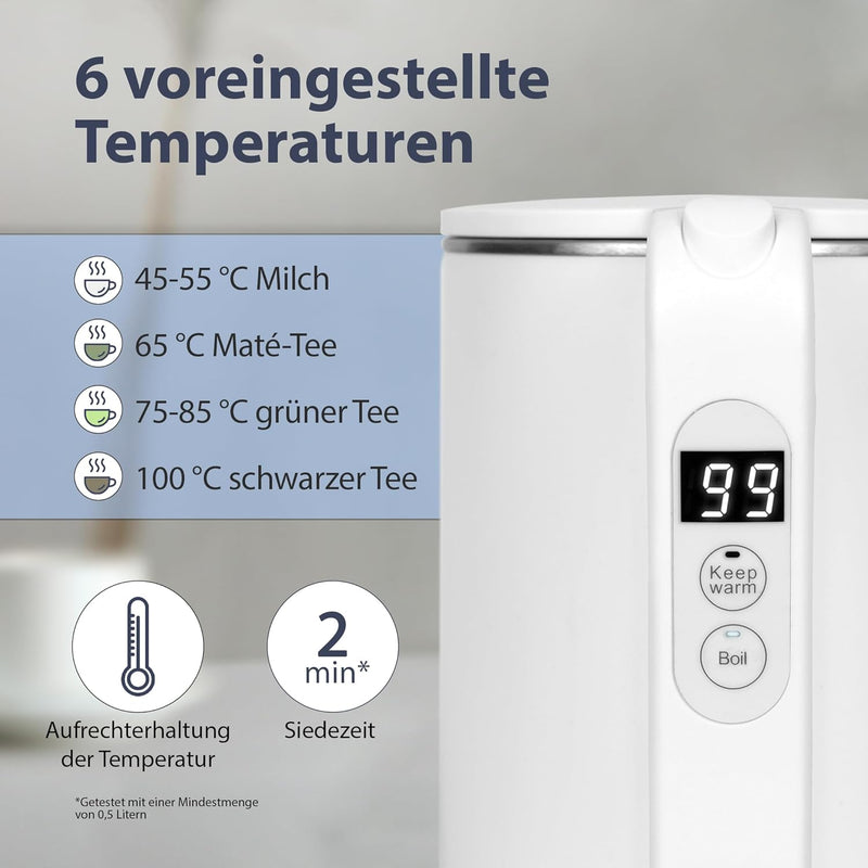 Noaton K3W Pro, Edelstahl Wasserkocher mit Temperatureinstellung, 45°C-100°C, Doppelwand, BPA frei,