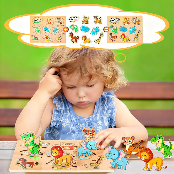 lenbest 6er Set Kinder Holzpuzzle - Montessori Spielzeug - Tier Alphabet Nummer Fahrzeuge Form Fruch