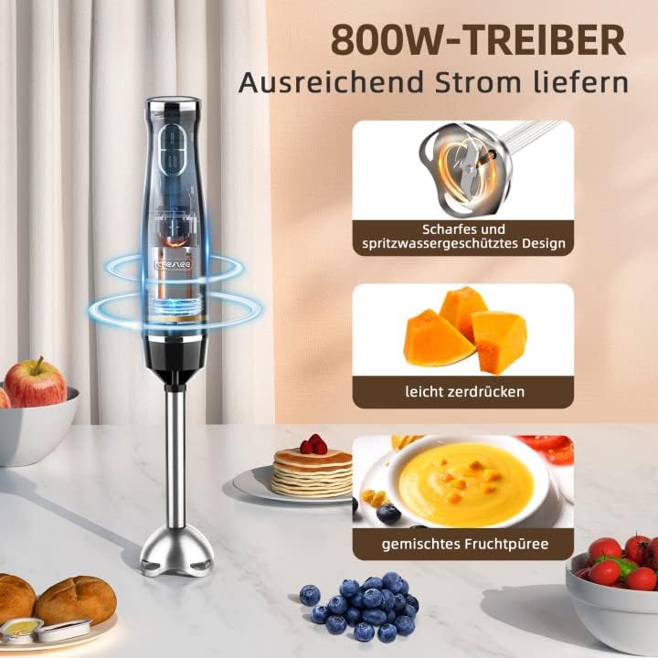 CHeflee Stabmixer Set 5 in 1 (800 Watt) Pürierstab, mit Edelstahl Mixfuss, Schneebesen, Milchaufschä