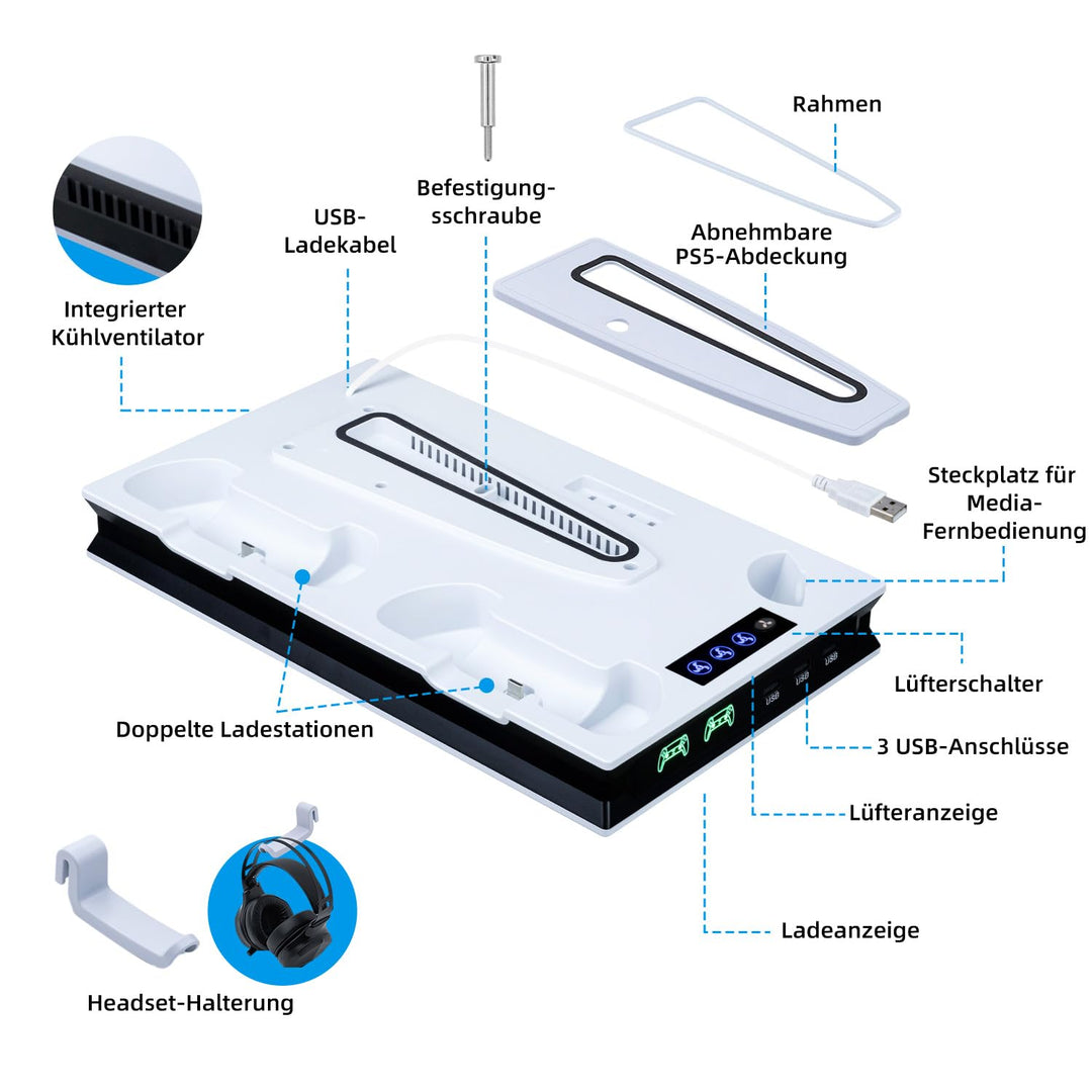 Mcbazel PS5 Pro/ PS5/ PS5 Slim Ladestation Ständer mit 3 Stufig Lüfter und Licht, PS5 Ständer Contro