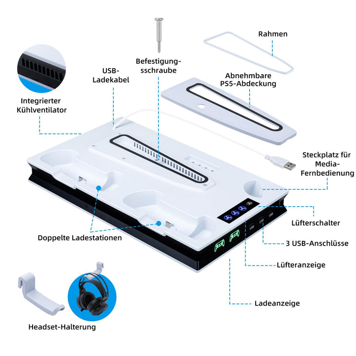 Mcbazel PS5 Pro/ PS5/ PS5 Slim Ladestation Ständer mit 3 Stufig Lüfter und Licht, PS5 Ständer Contro