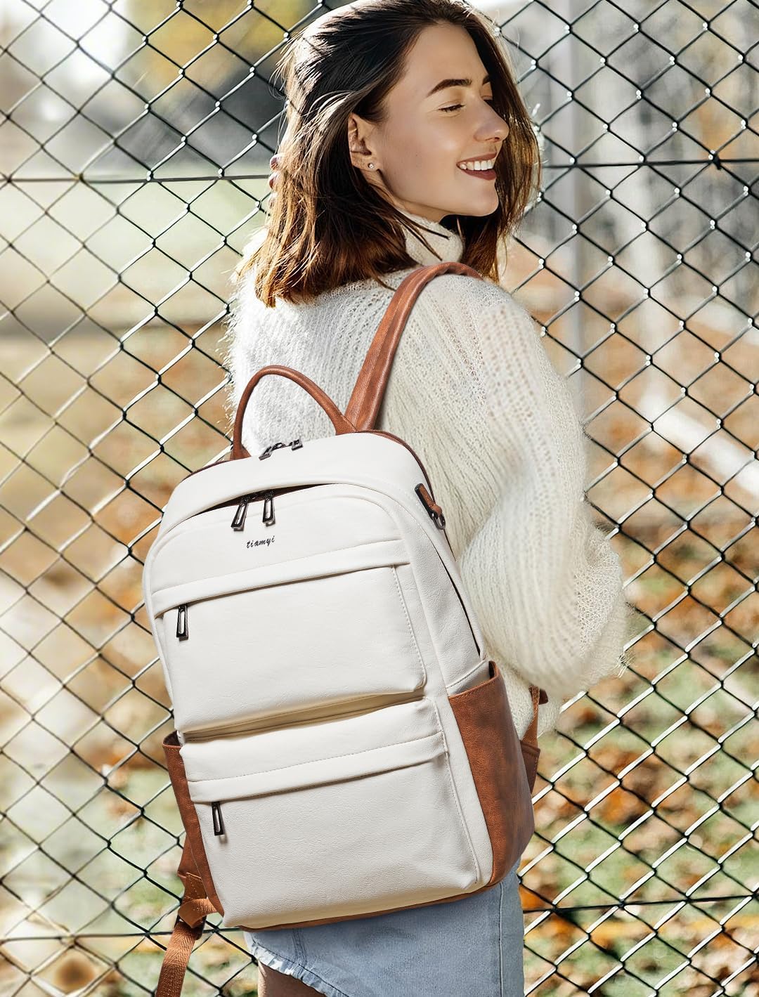 Veganer Lederrucksack für Damen und Herren, passend für 16,0 Zoll Laptop, Design mit vielen Fächern,