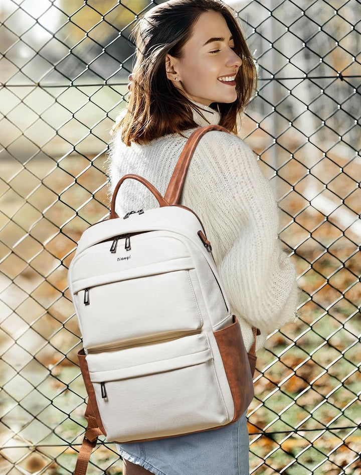 Veganer Lederrucksack für Damen und Herren, passend für 16,0 Zoll Laptop, Design mit vielen Fächern,