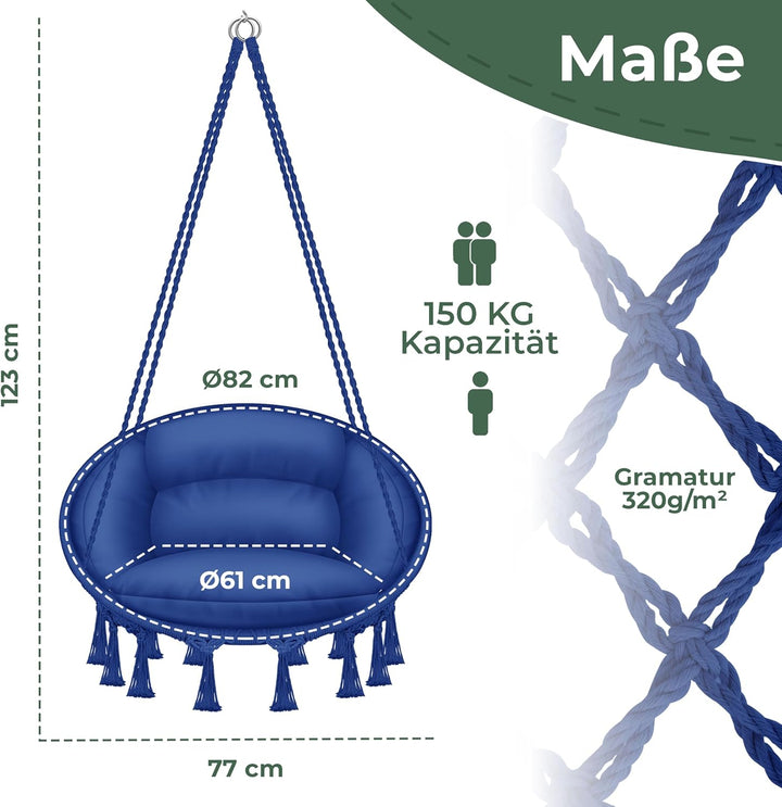 KESSER® Hängesessel 150kg mit 2 Stahlringe Sitzpolster geflochten Fransen Hängestuhl Hängekorb Schau