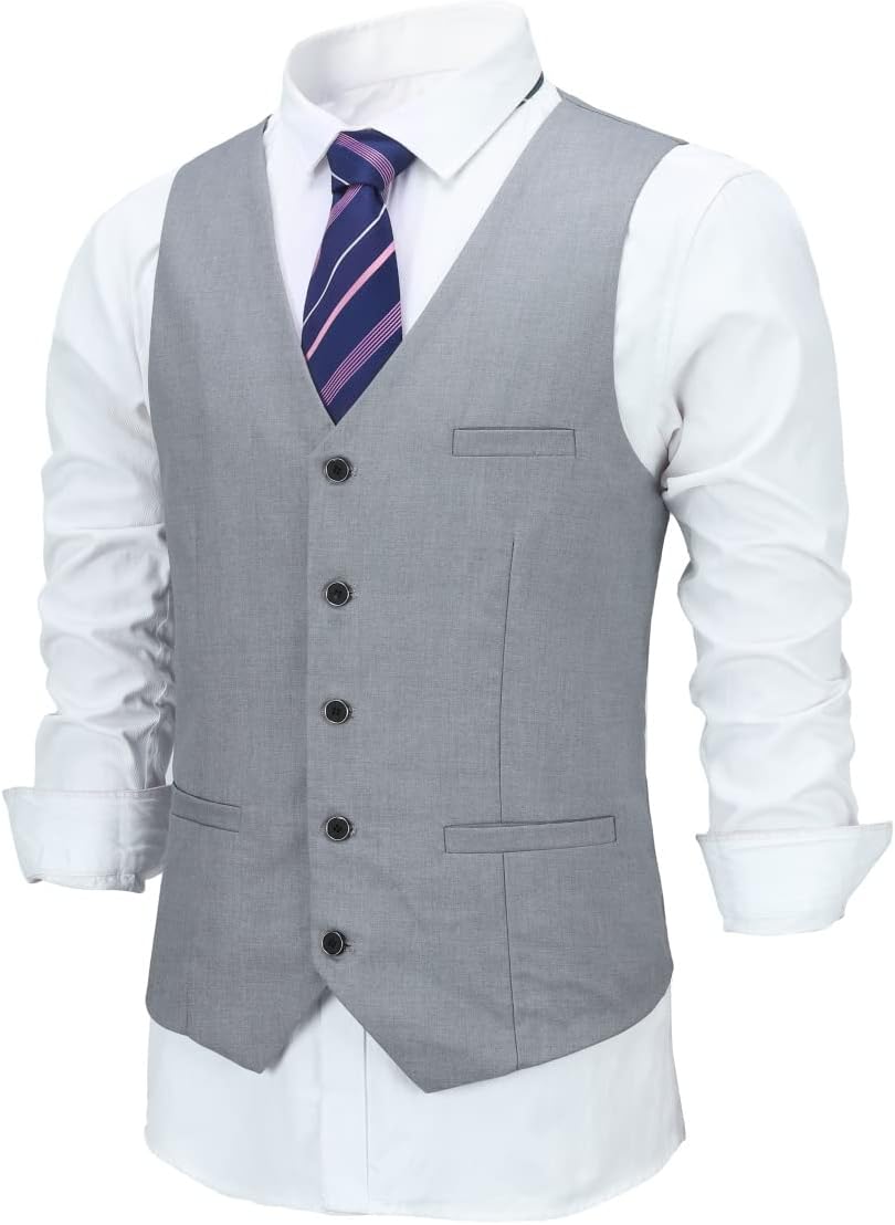 Allthemen Herren Weste V Ausschnitt Einreiher Gilet Slim Fit Business Anzugweste Western S Hellgrau,