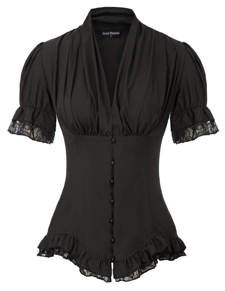 SCARLET DARKNESS Damen Rüschenbluse Mittelalter Spitzen Shirt Gothic Bluse für Party Oberteil Schwar
