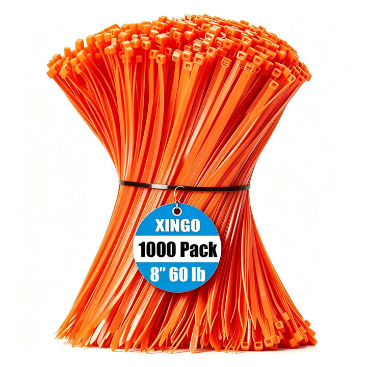 XINGO 1000 Stück Kabelbinder Orange, 200mm x 4.8mm, 22,7 kg Zugfestigkeit, UV-beständig, Selbstsiche