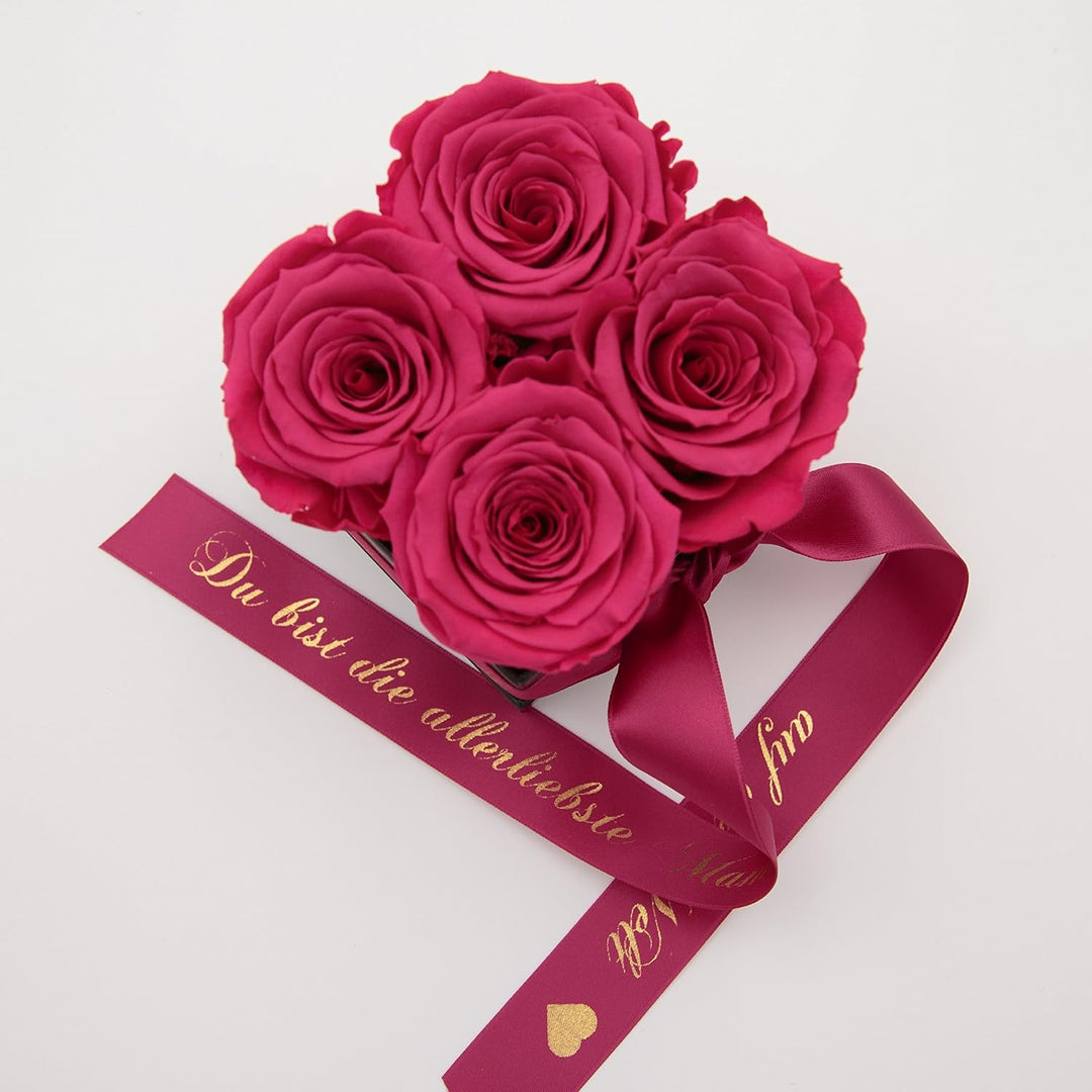 ROSEMARIE SCHULZ Heidelberg Flowerbox 8,5 x 8,5 cm 4 Infinity Rosen haltbar 3 Jahre Gravur Goldschri