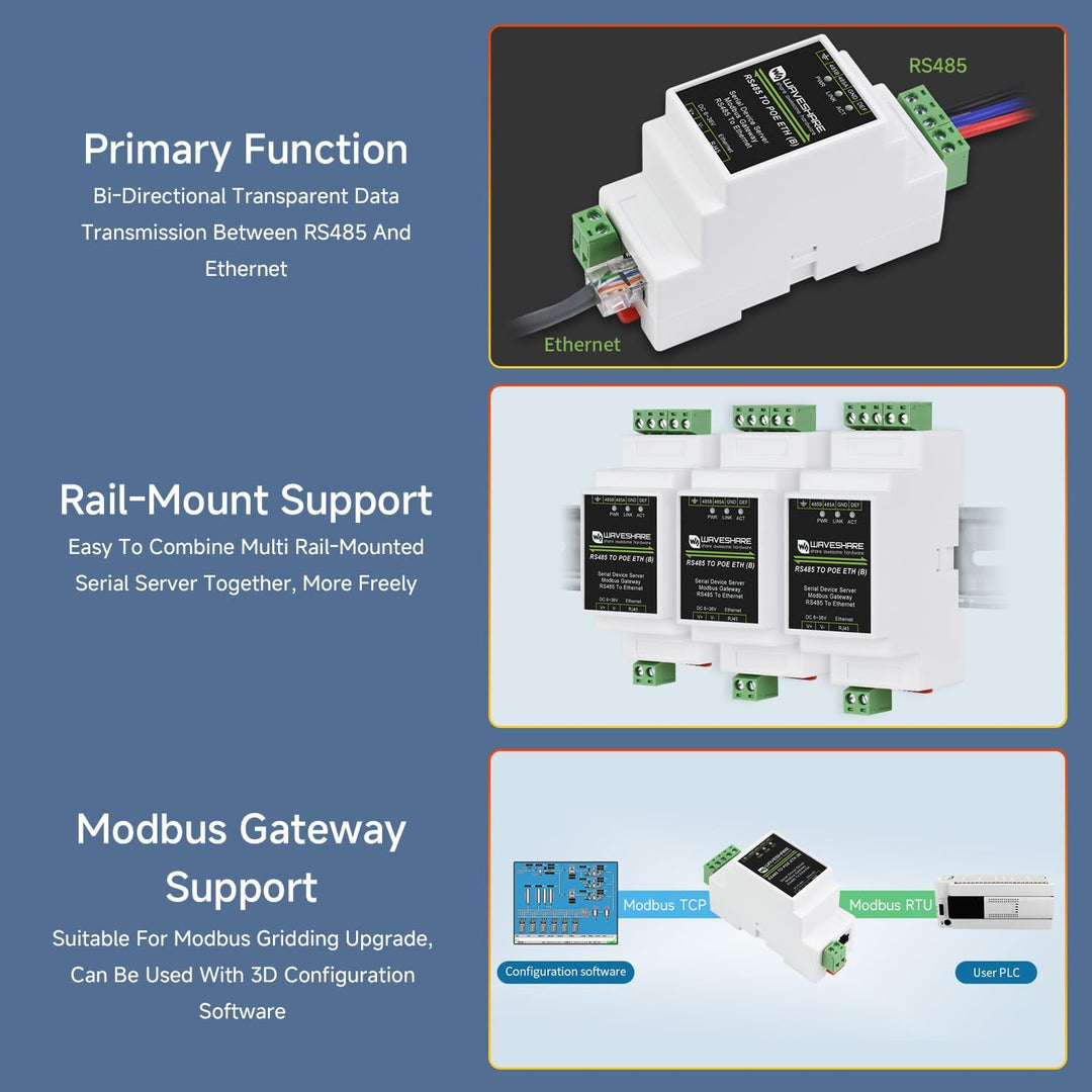 LUCKFOX Industrial Serial Device Server &amp; IoT Gateway with PoE, RS485 to Ethernet, Rail-Mount, Modbu