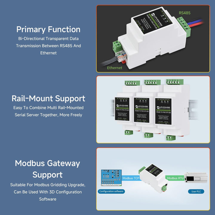 LUCKFOX Industrial Serial Device Server &amp; IoT Gateway with PoE, RS485 to Ethernet, Rail-Mount, Modbu