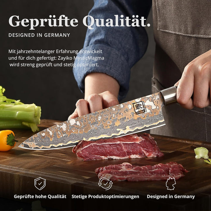 zayiko MysticMagma Chefmesser Damast 20 cm, 67 Lagen Damaststahl mit VG10 Kern, Kupfer und Bronze Ei
