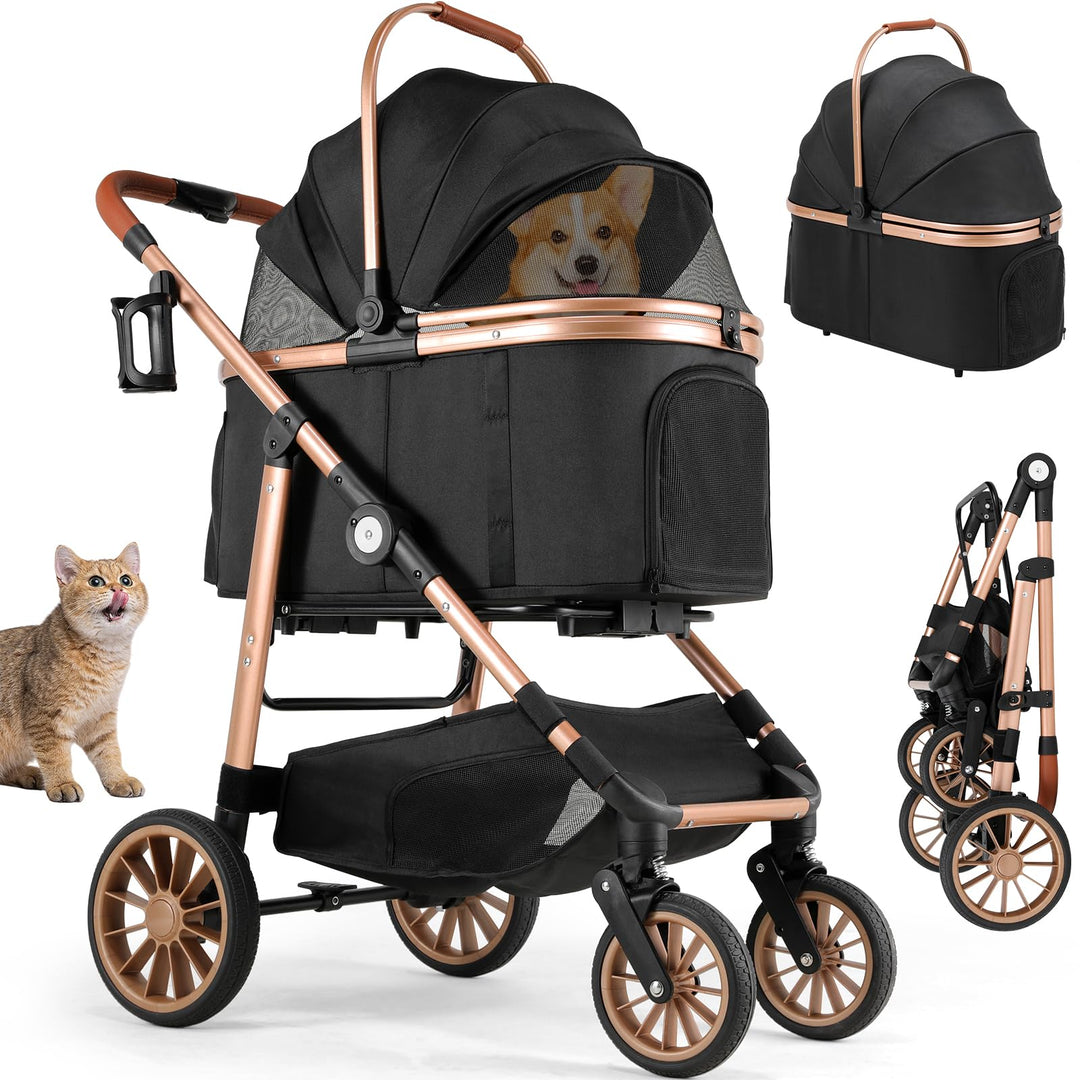 MAMIZO 4 in 1 Hundewagen, Hundebuggy bis 25kg, 360° Gummiräder mit Stossdämpfung, Faltbar Hund Kinde