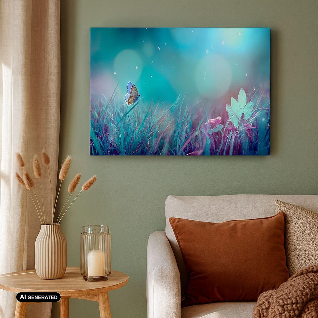 Bilder auf Leinwand 100x70cm Leinwandbild Schmetterling Wiese Blume Gross Wanddeko Bild Schlafzimmer