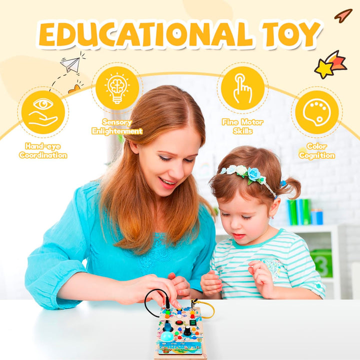 BatdTech Montessori Spielzeug Busy Board mit 15 LED Lichtschalter, Holzspielzeug Motorikspielzeug Ac