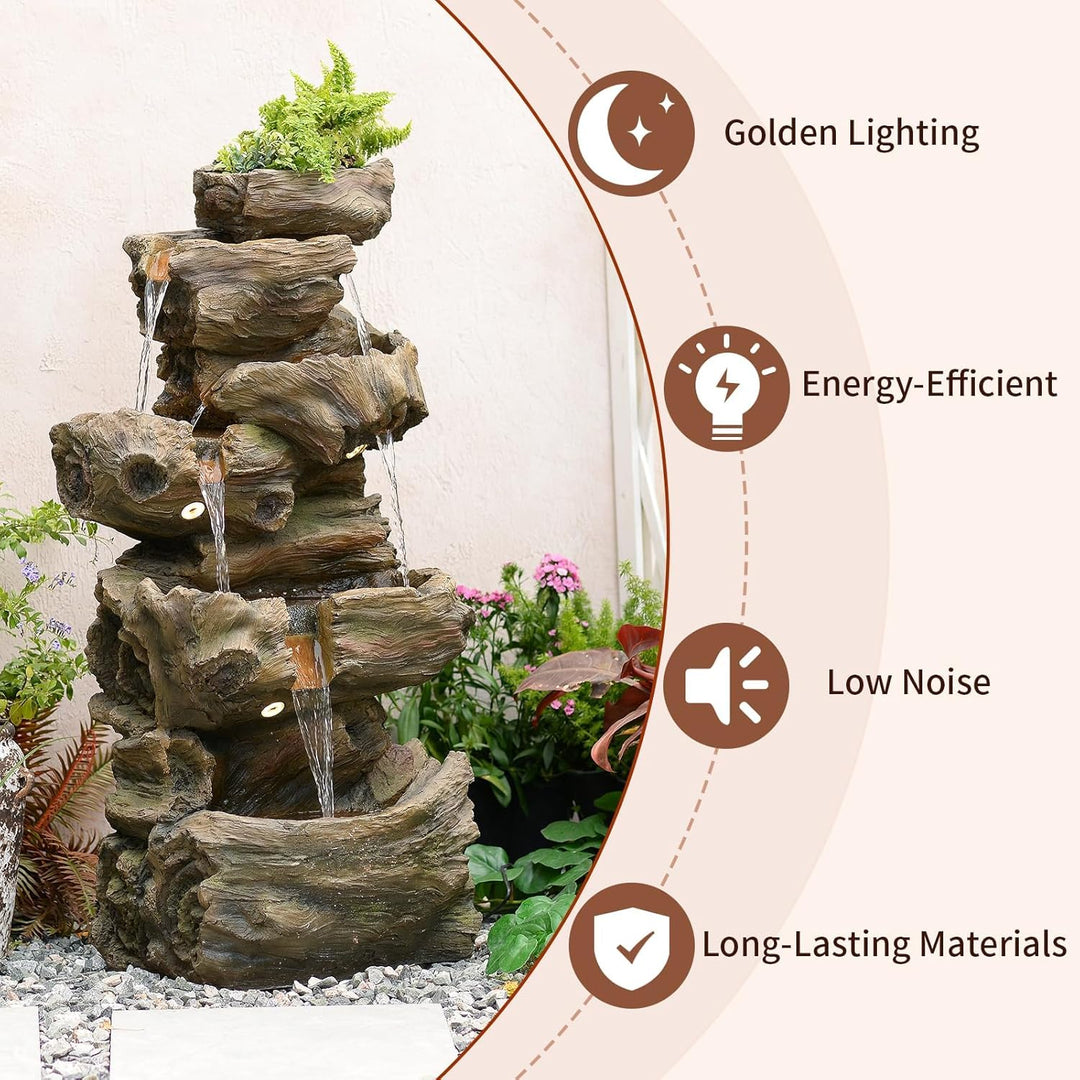 Sunlinua 103 cm H 4-stufiger Gartenbrunnen im Felsen-Look mit LED, Wasserfall und Springbrunnen für
