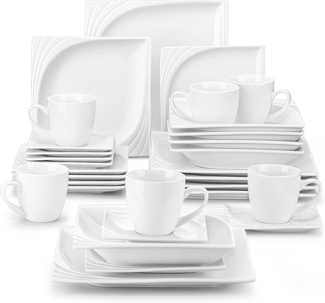 MALACASA, Serie Monica, Tafelservice 30-tlg Kombiservice Porzellan Geschirrset mit je 6 Kaffeetassen