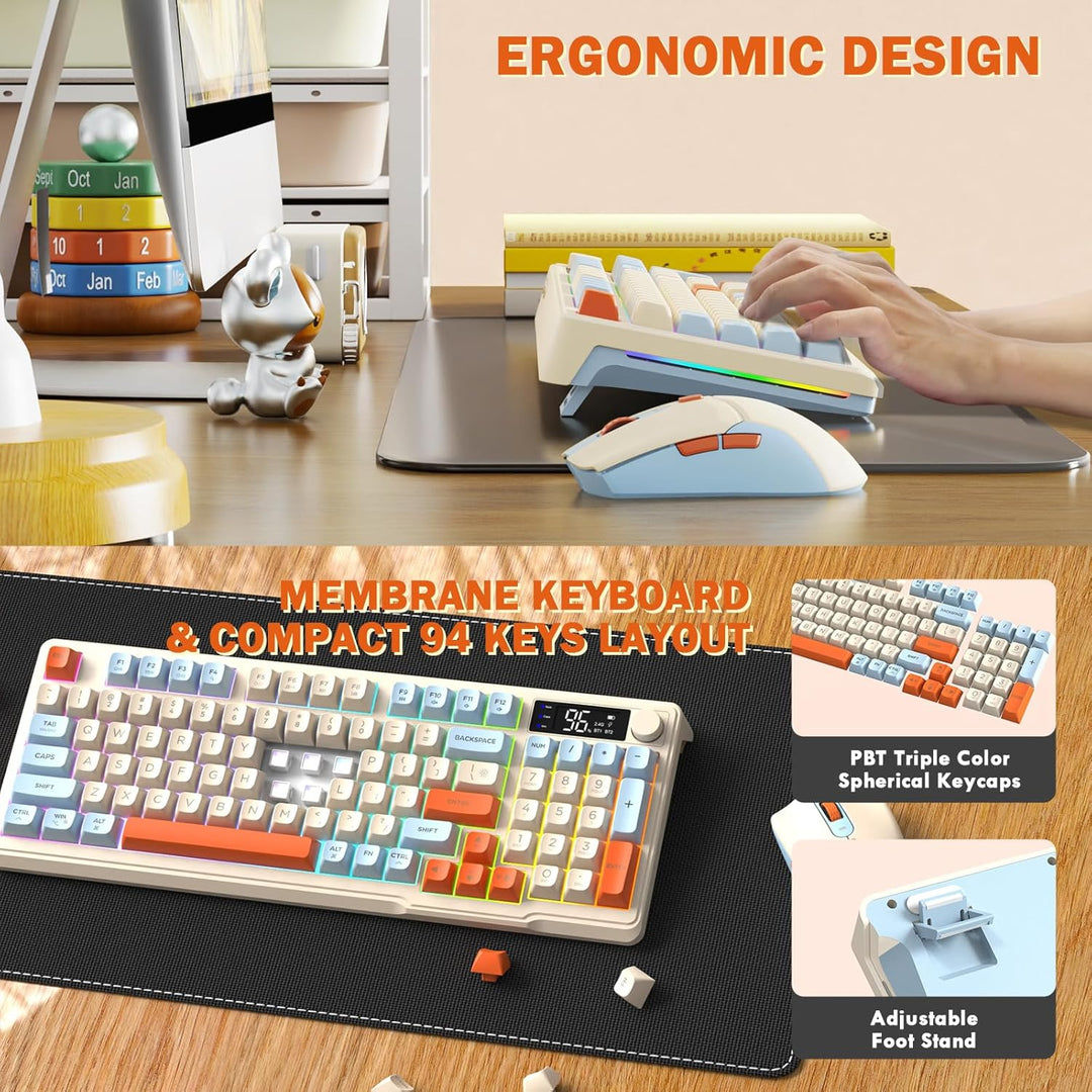 ZIYOU LANG×FREEWOLF T96 Kabelloses Gaming-Tastatur- und Maus-Set, BT/2,4 GHz, Smart Display und Knop
