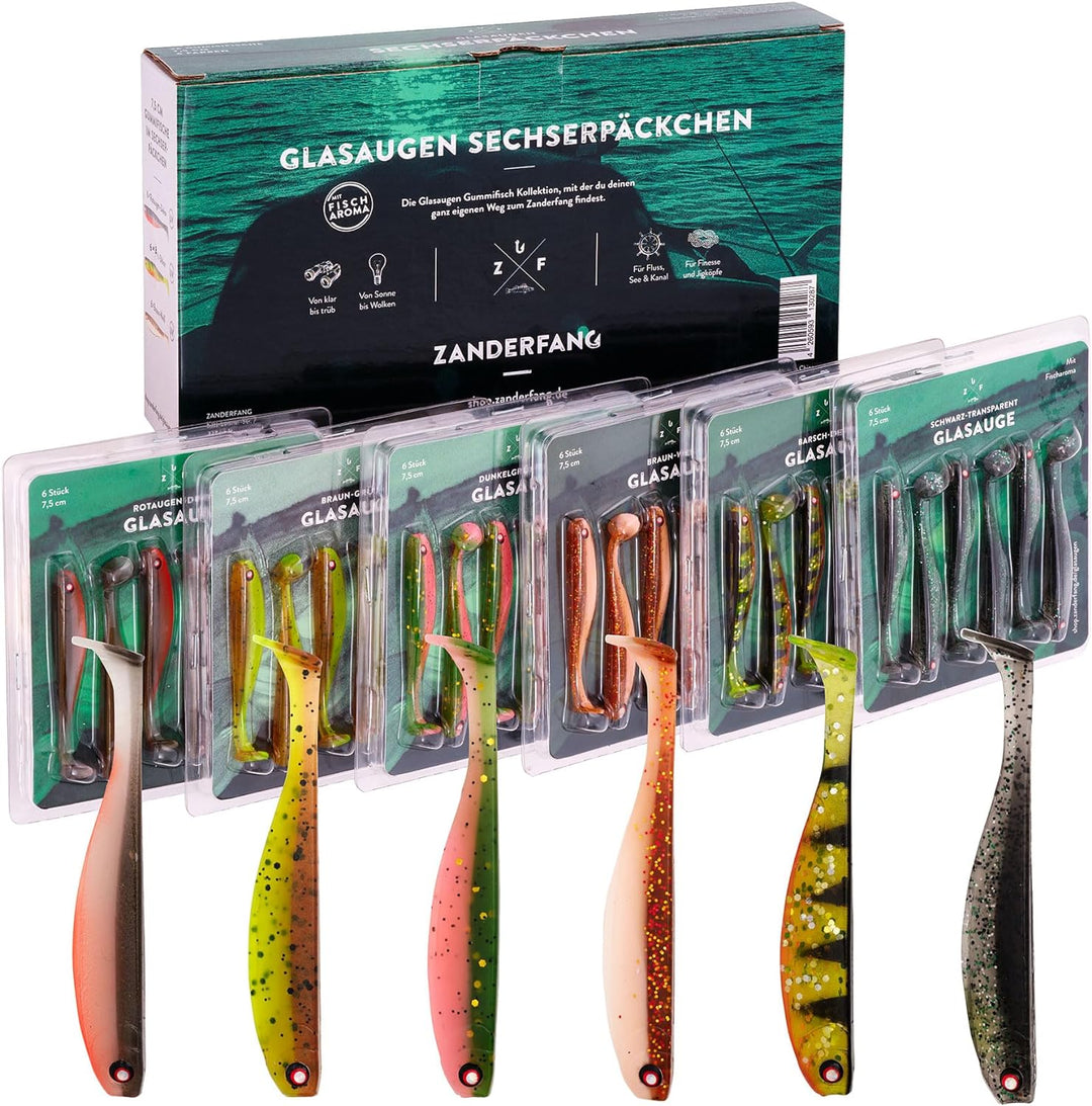 Zanderfang - Gummifische Set - Glasaugen Gummiköder für Zander, Barsch, Hecht - mit Fischaroma aroma