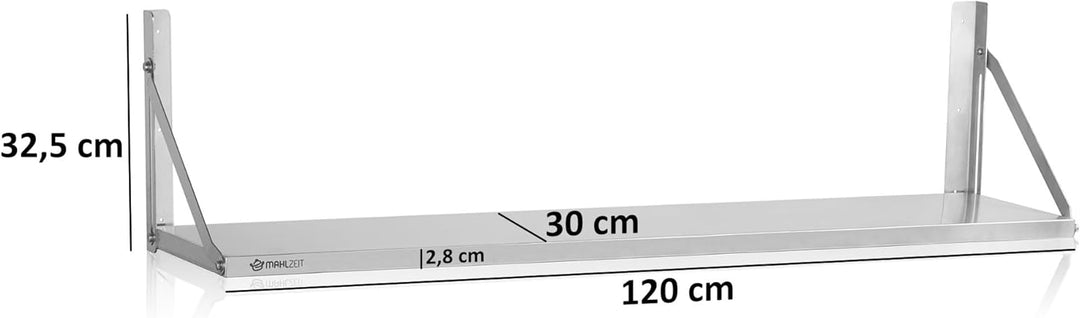 Mahlzeit Edelstahl Wandregal | 120 x 30 cm | Hängeregal, Klappbar | Silber | Ablage Edelstahl Regal